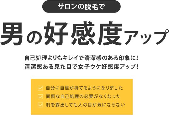 サロンの脱毛で男の好感度アップ 自己処理よりもキレイで清潔感のある印象に！清潔感ある見た目で女子ウケ好感度アップ！ 自分に自信が持てるようになりました 面倒な自己処理の必要がなくなった 肌を露出しても人の目が気にならない